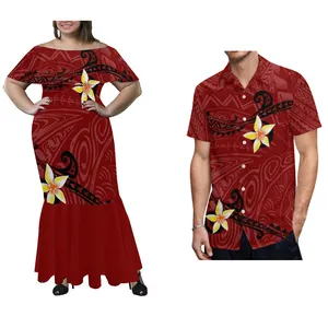 Hot Selling Plumeria Hd Print Mermaid Jurk Polynesische Tonga Stam Upscale Shawl Half Schouder Fishtail Jurken Match Mannen Shirts