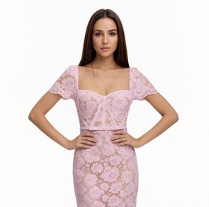 Nuovo Abito Estivo Rosa con Pizzo Traforato, Vestito Aderente a Maniche Corte per Donna, Elegante Gonna a Trombetta in Pizzo Floreale - Product Image 3