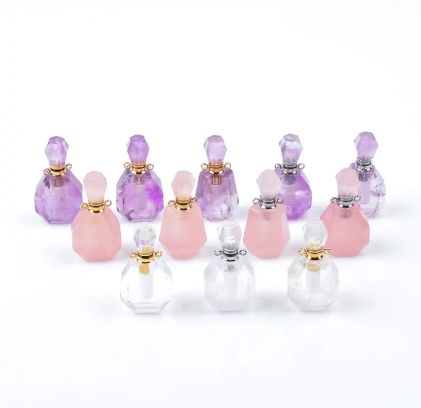 wholesale custom design natural rock crystal stone hand carved empty rose quartz amethyst perfume bottle