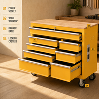 Armoire à outils roulante robuste avec plan de travail en bois et prise électrique, chariot de rangement en acier jaune pour garage et atelier