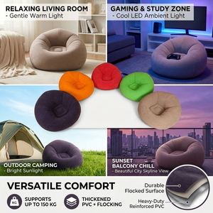 <b>Inflatable</b> Bean Bag Chair Flocking <b>Sofa</b> Air Lounger Lazy Couch Portable Foldable for Indoor Living Room Outdoor Camping - Product Image 3