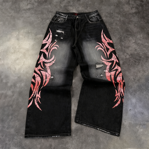 กางเกงยีนส์ทรงหลวมเอวสูงแบบย้อนยุคกางเกงขากว้างมีรอยขาดพิมพ์สกรีนลาย - Product Image 1