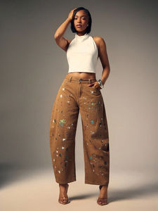 Vaqueros rectos de mezclilla Y2K <span class=keywords><strong>con</strong></span> salpicaduras de pintura marrón, de talle alto, de <span class=keywords><strong>tela</strong></span> gruesa, estilo vintage, streetwear artístico, transpirables, para verano. - Product Image 2