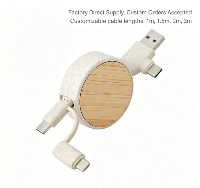 Eco-friendly Retractable Dual 5 in 1 Charging Cable Bamboo Usb Type-C Transfer Data Cable for Android IOS