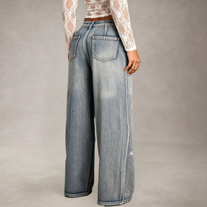 Jeans de Pierna Ancha de Cintura Alta Transpirables para Mujer, Diseño Personalizado, Pantalones de Mezclilla Lavados, Etiqueta Privada, para Club y Fiesta - Product Image 2