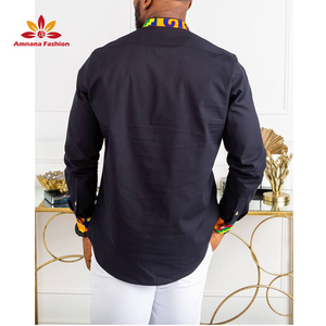 Chemises à col Mandarin pour <span class=keywords><strong>homme</strong></span>, vêtement avec imprimé en cire <span class=keywords><strong>africaine</strong></span>, en patchwork, à bande noire, <span class=keywords><strong>2021</strong></span> - Product Image 5