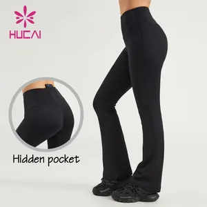 Individuelle Nylon Spandex versteckte Tasche Bauchtkontrolle hohe Taille Training Sport Yoga-Hose Fitnessstudio Schlaghose für Damen