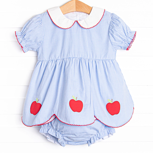 Personnalisé retour à l'école bleu vichy Seersucker bébé vêtements ensembles filles poupée collier pomme Applique coton fille bambin tenues - Product Image 1