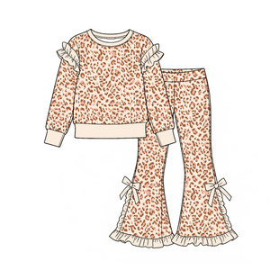 Preorder Fashion <b>Leopard</b> Cotton Spandex Casual Little Girls <b>Sweatshirt</b> Ruffles Flared Pants 2 Pieces Outfits Sister Clothes - Product Image 3