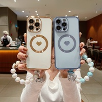 Étui de téléphone antichoc en TPU avec perles laser et bracelet, design de luxe, électroplaqué, compatible avec la recharge sans fil pour 16 Pro Max