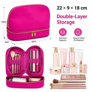 Fashion Saffiano PU Cosmetic <b>Case</b> Large Capacity Double Compartment <b>Makeup</b> Storage Bag for Travel and Home - Product Image 2