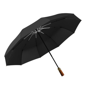 Parapluie pliant à trois sections, 10 baleines, en alliage d'aluminium, ouverture automatique, poignée en bois, protection minimaliste contre le soleil et la pluie, usage professionnel - Product Image 2