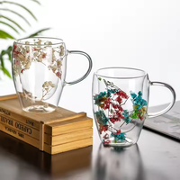 Tasse à café en verre à double paroi créative en borosilicate de 350ml en stock Tasses en céramique avec motif de fleurs séchées