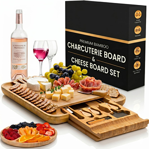 Tabla de Quesos de Bambú y Juego de Cuchillos, Tabla de Cortar Grande de Bambú para <span class=keywords><strong>Delicatessen</strong></span> y Embutidos, <span class=keywords><strong>Regalo</strong></span> Ideal para Inauguración de Casa - Product Image 1