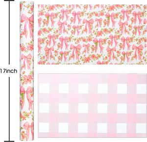 Mother's Day gift wrapping <b>paper</b> Pink flower and butterfly knot <b>pattern</b> Double sided printed with pink checks Customizable - Product Image 2