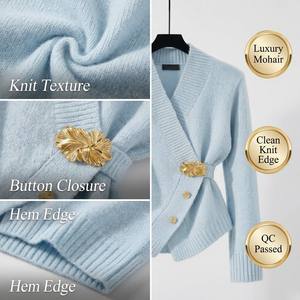 Cárdigan <span class=keywords><strong>de</strong></span> <span class=keywords><strong>Punto</strong></span> <span class=keywords><strong>de</strong></span> Mohair para <span class=keywords><strong>Mujer</strong></span>, Cuello en V, Manga Larga, Corte Ajustado, Dobladillo Irregular, Botones al Frente, Bloques <span class=keywords><strong>de</strong></span> Color, Estilo Europeo Elegante para Invierno - Product Image 2