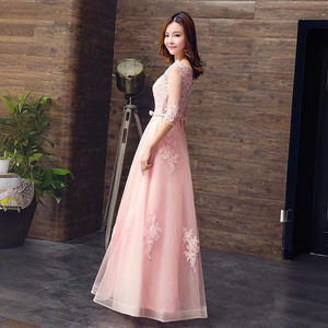 Pink A-Line Bridesmaid Dress With Lace Embroidery O-Neck Three Quarter Sleeve Long Tulle Wedding Guest Gown - Product Image 3