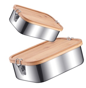 Lid Storage Preservation Lunch Box 304 Stainless Steel Bamboo Sealed Wooden Lid Japanese Rectangular Outdoor Food Container