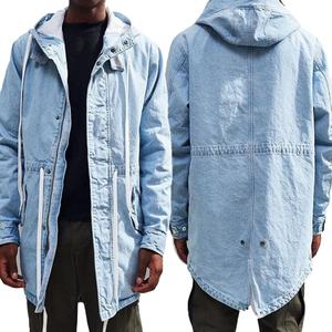 Veste longue en jean bleu délavé à capuche pour homme, grande taille, 100 % coton, fermeture éclair, manteau d'hiver, vente en gros sur mesure - Product Image 1