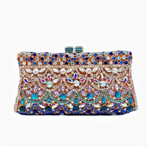 Vestido de lujo de porcelana azul y dorado para mujer, Cartera de fiesta con diamantes de imitación