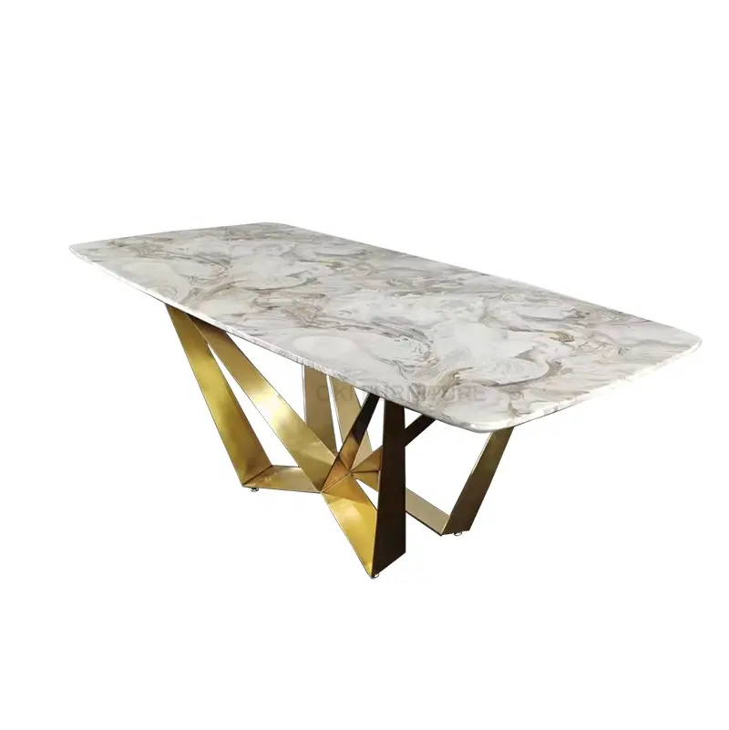 Mesa de comedor con patas cruzadas de metal y acero inoxidable, mesa de comedor de mármol y piedra, 8 asientos