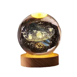 3D Engraved Crystal Galaxy Ball Kids Birthday Gift Glass Etached Astronaut Solar System Ball LED Night Lights With Wood Base