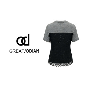 T-shirt élégant à manches courtes pour femme, color block, avec dentelle et design asymétrique, pour usage quotidien - Product Image 2