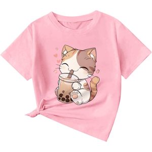 FOXA Cute <b>Cat</b> Graphic T-Shirt Women's Summer Cotton <b>Tops</b> Bubble Tea Print Kawaii Cartoon Animal Design Regular Length - Product Image 1