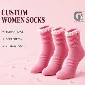 Custom Logo Women Elegant Lace Pearl Trim Crew <strong>Socks</strong> <strong>Soft</strong> Breathable Vertical Ribbed Cotton <strong>Socks</strong> for <strong>Ladies</strong> - Product Image 1