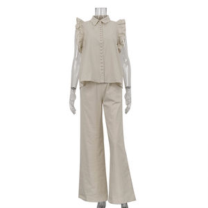 قميص بأكمام بغطاء كشكش بأزرار سادة وبنطلون قطني عريض الساق عالي الخصر طقم من قطعتين Patalon Et Haut Pour Mujer Dame - Product Image 5