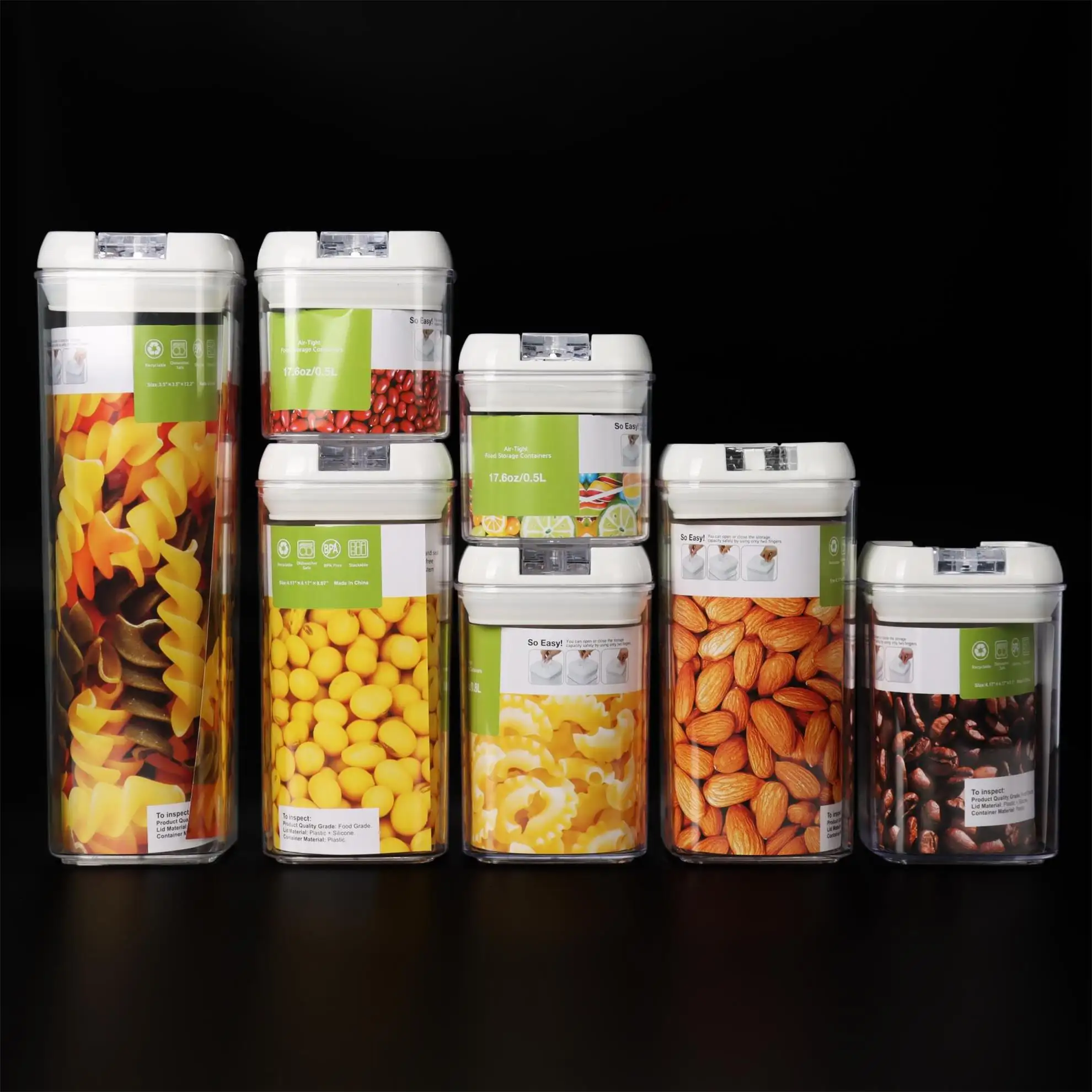 Conjunto de recipientes para armazenamento de alimentos, kit de 7 peças de recipientes de plástico para cereal com tampas herméticas, organizador de despensa e tanque de armazenamento