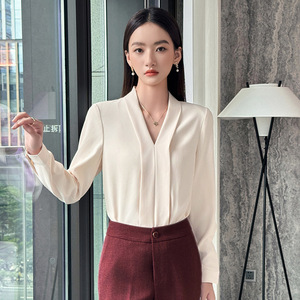 Women's Professional White Long Sleeve Shirt Satin Fabric Work Wear Solid Color Simple Design - Product Image 1