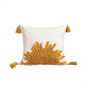 Square Cotton <b>Throw</b> Pillow Cover Vintage Floral Embroidery <b>Mustard</b> Plant Design Bohemian Style Customizable Removable Washable - Product Image 1