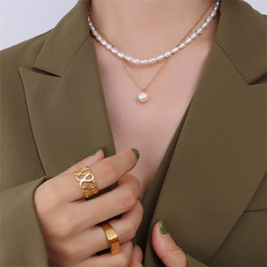 SP Natural Beads Jewelry 18K Gold Plated Stainless Steel Made Double Layered <strong>Freshwater</strong> <strong>Pearl</strong> Chain <strong>Necklace</strong> - Product Image 2