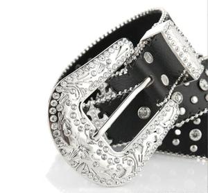 Cinturón Ecowalson con remaches cruzados, hebilla grabada, decoración de diamantes de imitación, pantalones vaqueros de Hip Hop PU, cinturones Punk Western Cowboy Cowgirl - Product Image 4