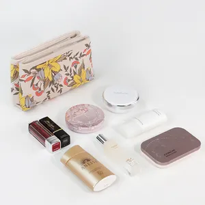 Bolsa para maquiagem personalizada de couro, bolsa feminina de couro macio com dupla camada para armazenamento de maquiagem, estampa floral, à prova d'água