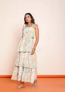 Robe longue imprimée à volants avec découpes latérales à la taille, robe décontractée pour femme en tissu léger, silhouette flatteuse - Product Image 2