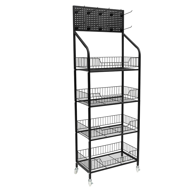 4-tier for Metal Wire Storage Shelf Display Rack with Wheels and Black Floor Stand for Home Room