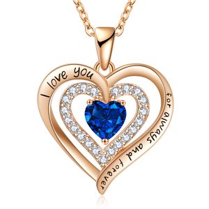 Collar de Oro Rosa con Doble Corazón y Piedra de Nacimiento, Colgante Grabado 'Te Amo para Siempre' con Zafiro Sintético y Circonita Cúbica - Product Image 1