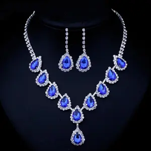 Новые популярные взрывов свадебное ожерелье комплект ювелирных изделий цепи сверкающие синие капельки с подвеской из страз, комплект ювелирных изделий для женщин
