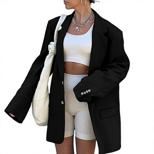 Blazer long noir pour femme, manches longues, col cranté, couleur unie, fermeture boutonnée, streetwear, vêtements d'extérieur décontractés - Product Image 1