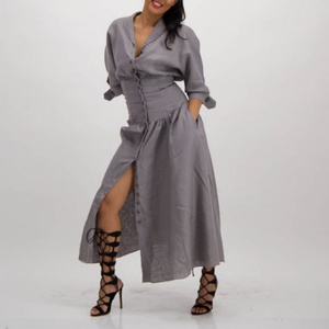 เดรสยาวผ้าลินินทรงดินสอ แขนยาว ติดกระดุมด้านหน้า ผ่าเอว จับจีบ สำหรับผู้หญิง สไตล์ลำลอง ขายส่งช่วงซัมเมอร์ - Product Image 4