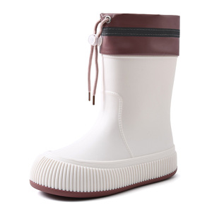 Bottes de pluie pour femmes avec cordon de serrage, mi-mollet, semelle épaisse, imperméables, en caoutchouc, blanc cassé, rose, noir, tailles 36-41, couleur unie - Product Image 5