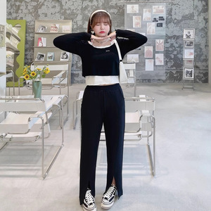 Nouveau pantalon noir tricoté grande taille pour femme avec fente, longueur au sol, N7991, en coton, pour adulte - Product Image 2