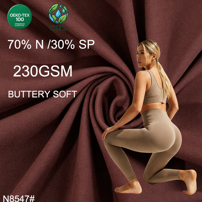 OEKO-TEX GRS Certified Recycled 70% Nylon 30% Spandex Fabric 230GSM Buttery Soft High Elasticity Yoga Leggings Athletic Fabric