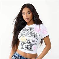 Atasan Crop Top Wanita C1440 Musim Panas, Model Y2K Terbaru, Bermotif, Kerah Bulat, Kasual, Bahan Katun