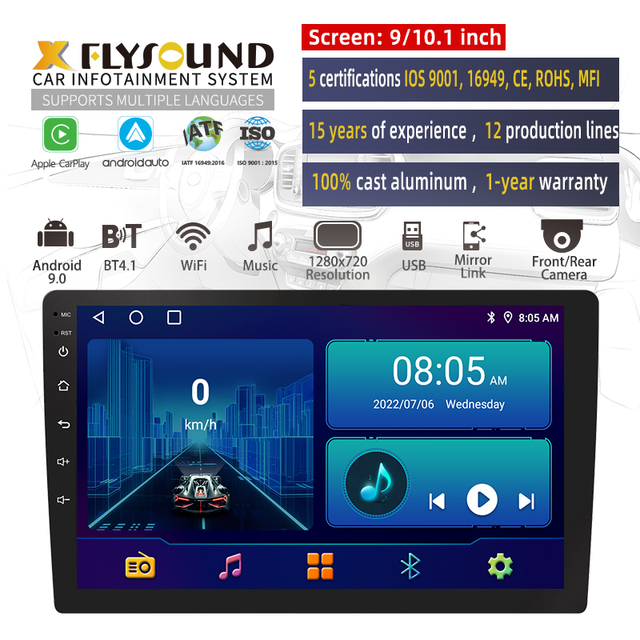 Flysonic Support OEM Services Multi Functional 9 10 Inch 2din Android System 1024*600 HD IPS Full Touch Screen Car DVD Player
