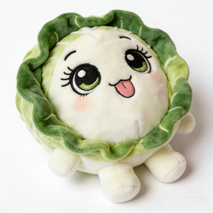 Peluche de chou ronde compacte bicolore personnalisée avec bordure de feuilles vertes à volants, texture de veines brodée, grand œil vert brillant - Product Image 4