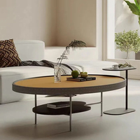 Table basse moderne et simple à deux niveaux, avec plateau supérieur en cuir et plateau inférieur en bois, table d'appoint ovale