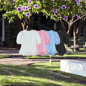 Blusa de Gasa para Mujer con Cuello Redondo, Manga Abullonada, Dobladillo de Encaje, Color Sólido, Manga Corta, Estilo Dulce, Top de Primavera/Verano - Product Image 3